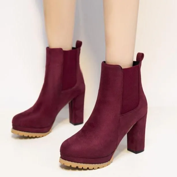 Women slip on chunky high heel short chelsea booties