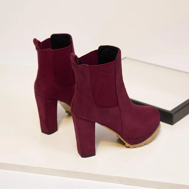 Women slip on chunky high heel short chelsea booties