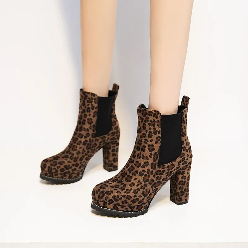 Women slip on chunky high heel short chelsea booties