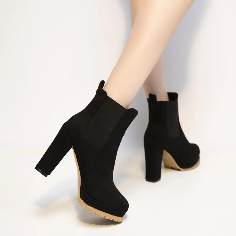 Women slip on chunky high heel short chelsea booties
