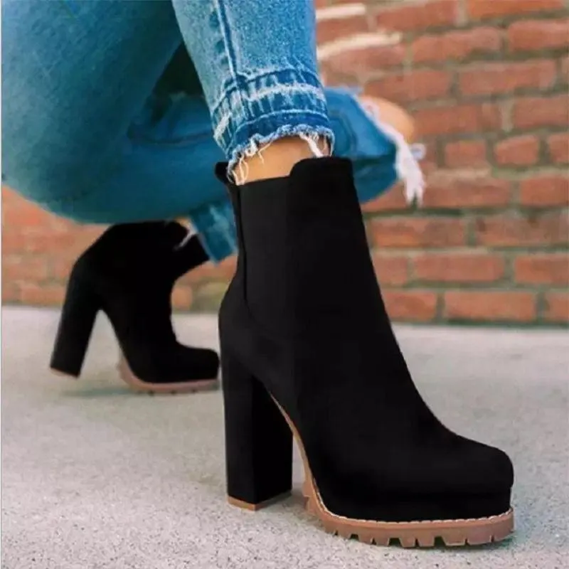 Women slip on chunky high heel short chelsea booties