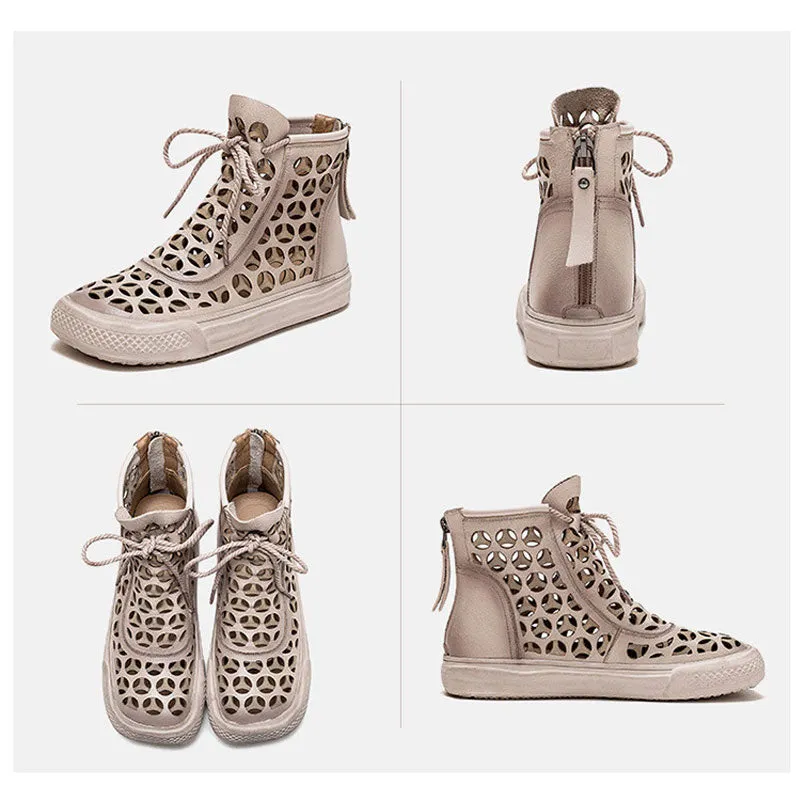 Women's Genuine Leather Breathable Short Boots Flat Hollow Retro Sandals