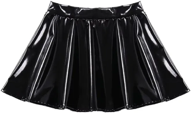 Women's Patent Leather Mini Skirt High Waist Pleated Flared Short Skirt Metallic A-Line Club Party Skirts